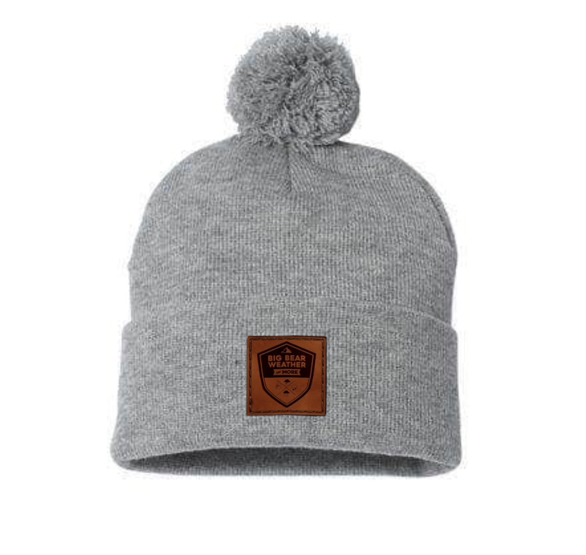 Leather Patch Gray Pom Beanie